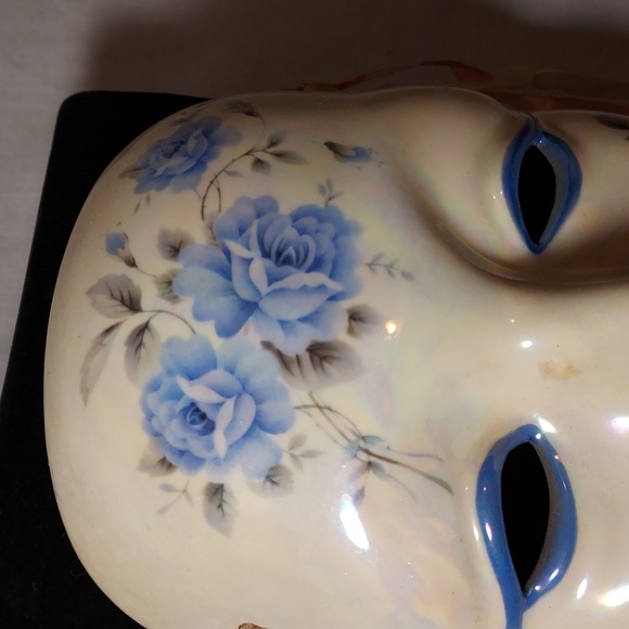 Vintage Hand Painted Carnival Face Masks Set of Two Blue and Pink Flowers - Picture 7 of 12